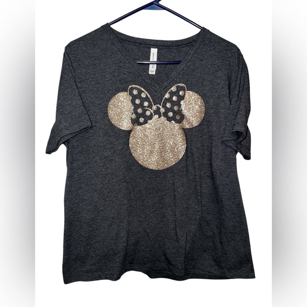 Bella Canvas Heather‎ Gray and Gold Glitter Minnie Mouse V-Neck T-Shirt size XL